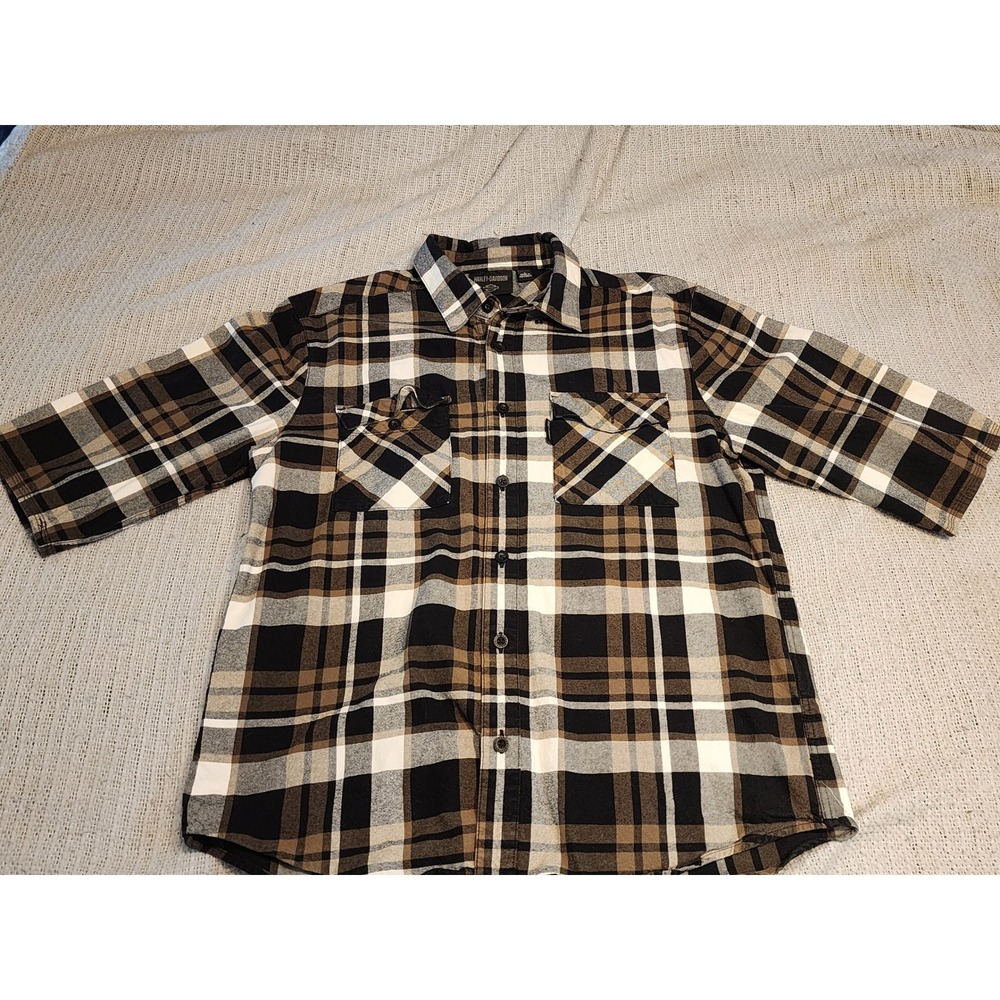 Harley-Davidson Mens Large Plaid Short Sleeve Button Down Shi Black Brown Cotton
